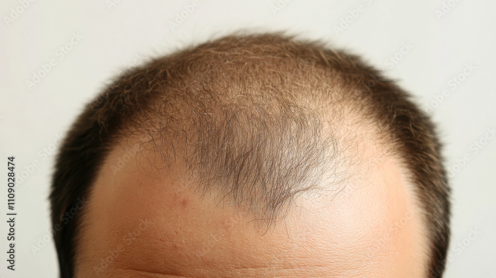 Obraz premium A close-up view of a man with noticeable hair loss, showcasing thinning hair on top of the head in a neutral setting
