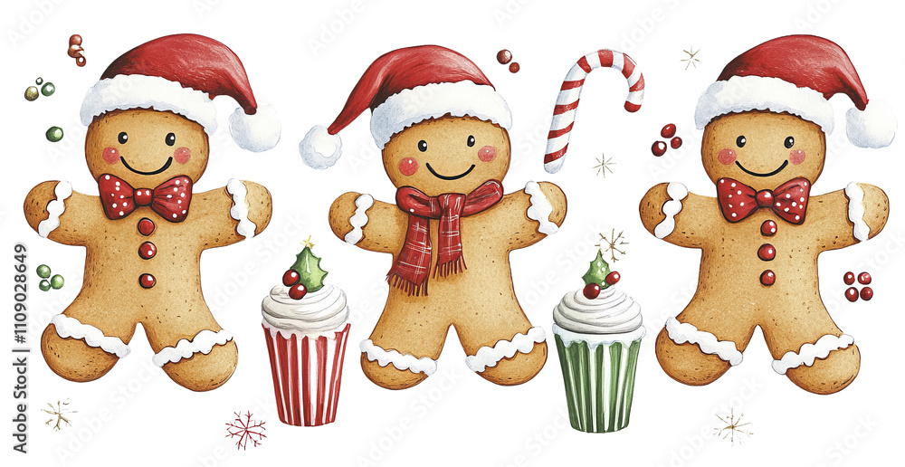Fototapeta premium Vintage watercolors painting, set of cheerful gingerbread cookies, 