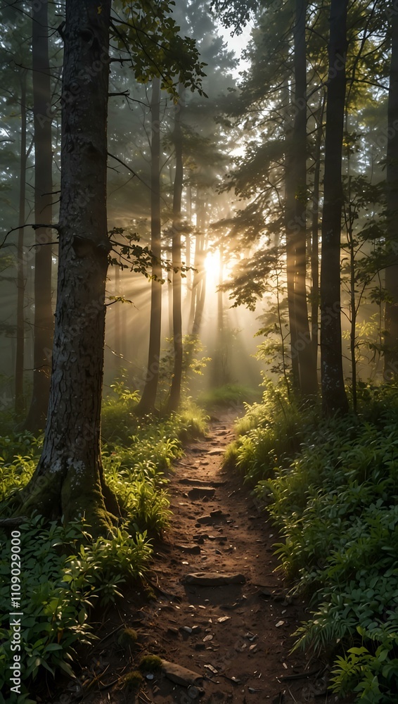 Fototapeta premium Tranquil forest path with sunlight filtering through mist.