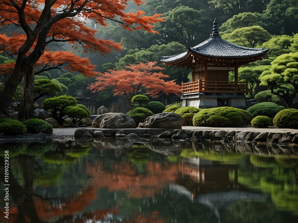 Fototapeta premium Tranquil Japanese garden with a pagoda and woman in a kimono.