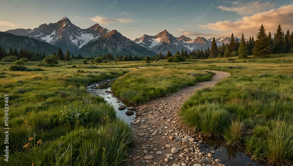 Obraz premium Tranquil meadow with a winding path, stream, and mountains.