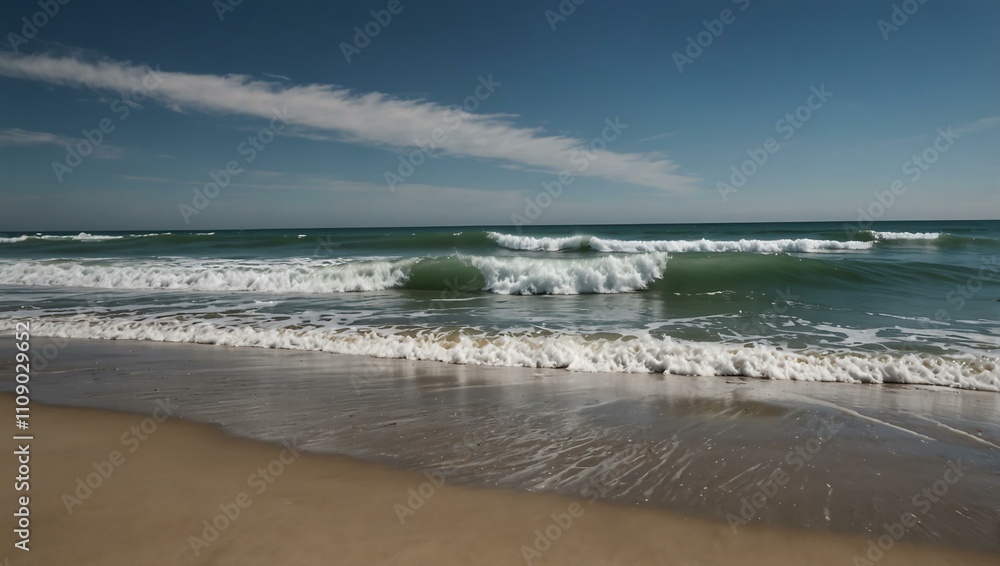Fototapeta premium Tranquil ocean waves on a sandy beach with clear skies.