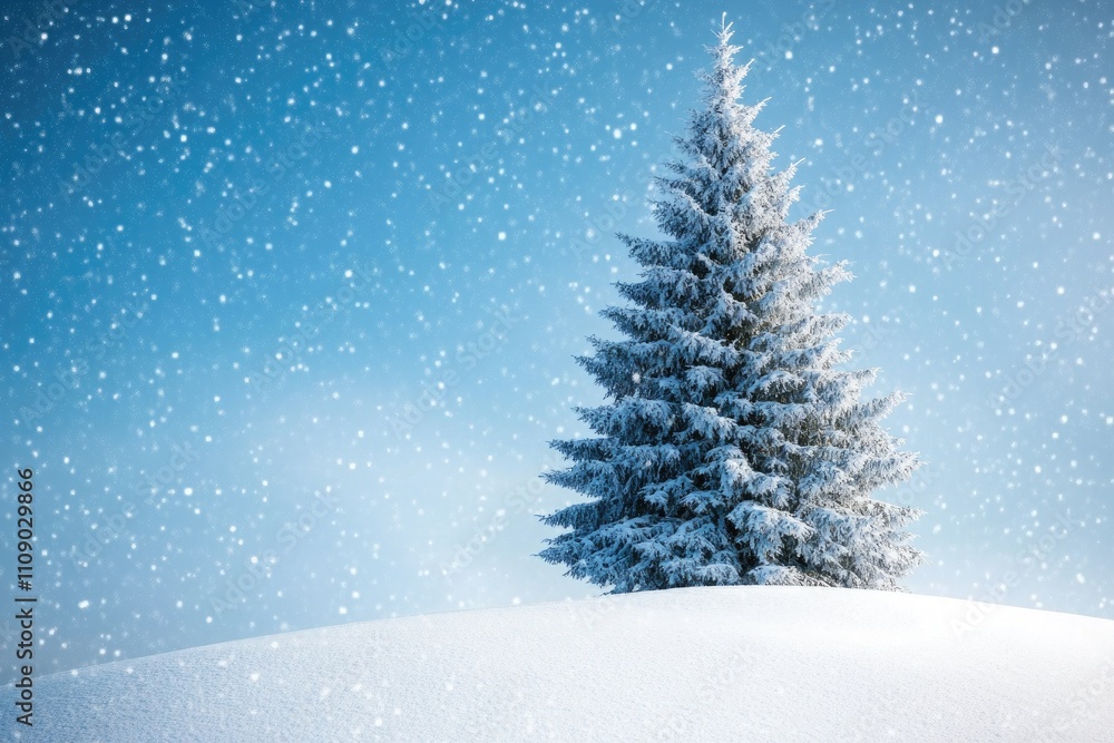 Majestic snow-covered pine tree stands on snowy hill during snowfall Majestic snow-covered pine tree stands on snowy hill during snowfall
