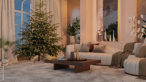 Stylish Modern Living Room with Christmas Tree and Elegant Decorations. Chic interior featuring a beautifully decorated Christmas tree, cozy seating, and warm lighting, perfect for the holid... photo