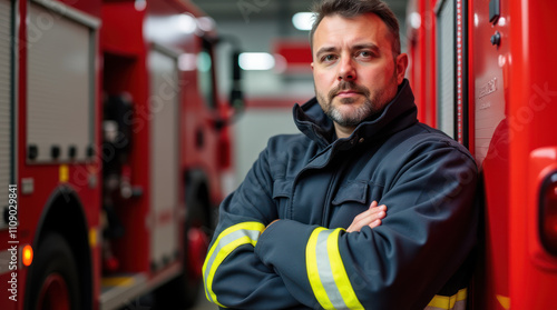 Confident Firefighter Leaning Against Fire Truck in Professional Uniform photo