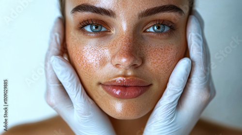 Young woman with clear skin receiving a facial treatment in a serene spa environment during a sunny afternoon photo