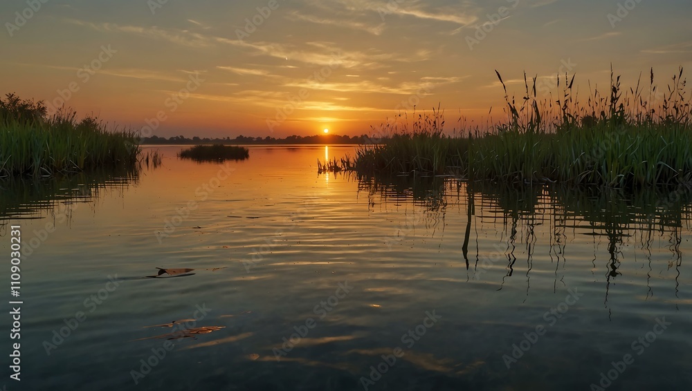 Obraz premium Tranquil sunset over Albufera Natural Park with reeds reflecting in calm waters.