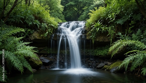 Tranquil waterfall surrounded by green foliage.