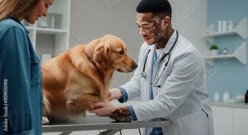 Caring veterinarian with vitiligo examines golden retriever in veterinary clinic for health checkup