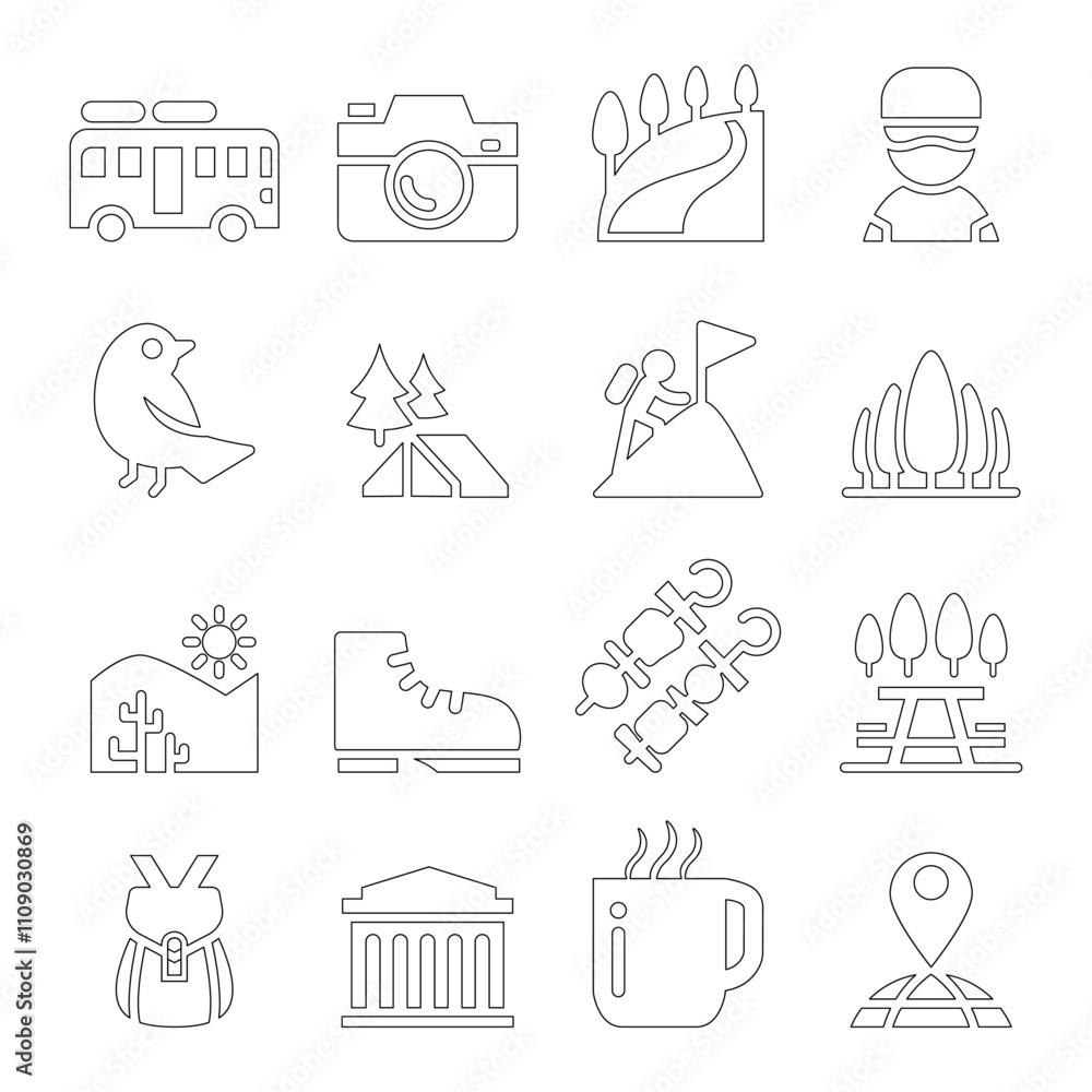 Fototapeta premium Tourism , travel , Adventure , Discovery , camping , Trail icon set