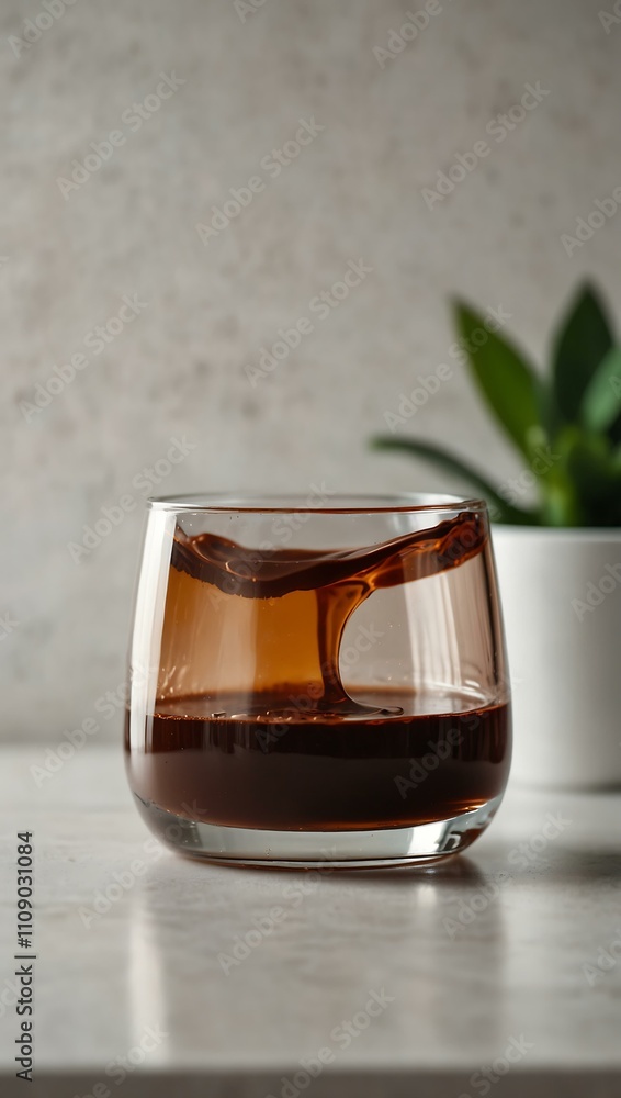 Transparent pot of liquid chocolate on a white table. Transparent pot of liquid chocolate on a white table.