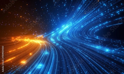Colorful light trails in space, vibrant orange and blue streams, starry background, dynamic motion, abstract design