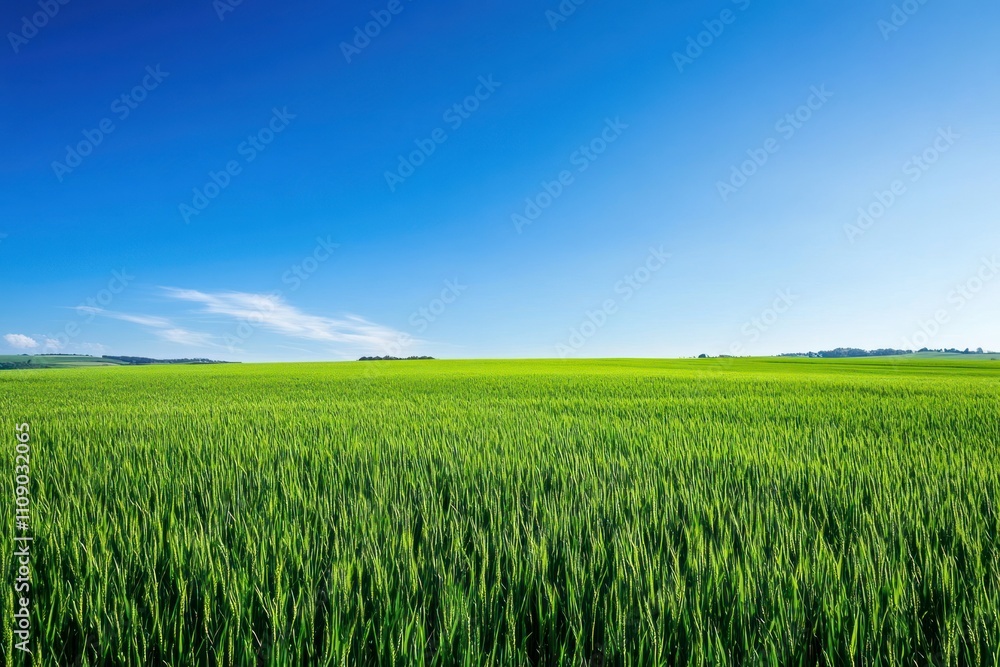 Obraz premium Vast green field under a bright blue sky with trees and distant hills