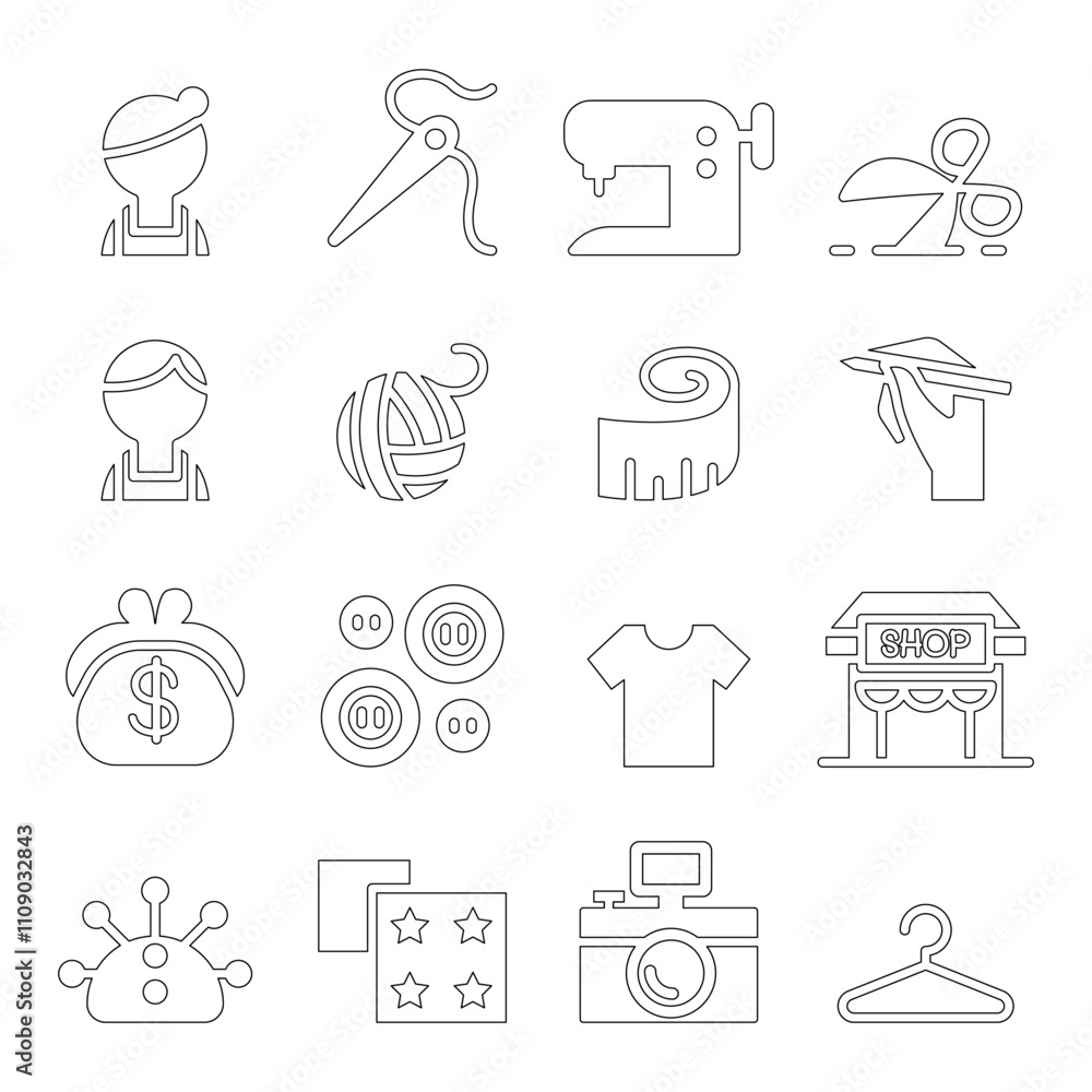 Fototapeta premium Sewing , fashion , Tailor , Clothing , Dressmaker icon set in thin line style