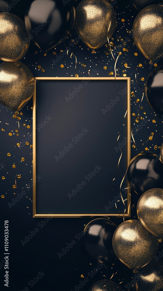 Fototapeta premium Black and gold balloons surrounding empty picture frame on navy background