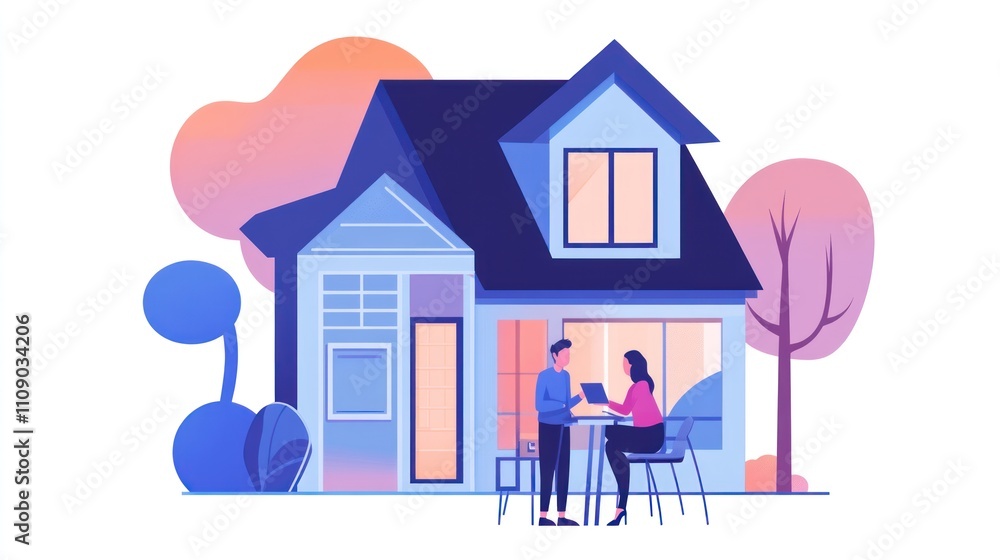Couple discussing documents at their home's patio. Couple discussing documents at their home's patio.