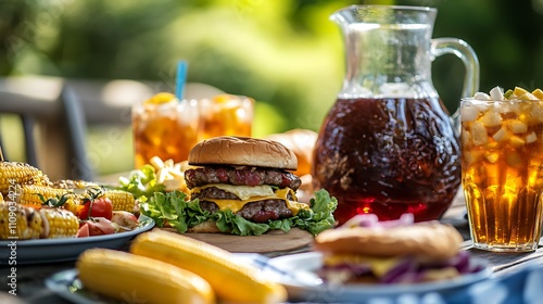 An outdoor picnic table filled with summer barbecue favorites like burgers, corn on the cob, and a pitcher of iced tea  photo