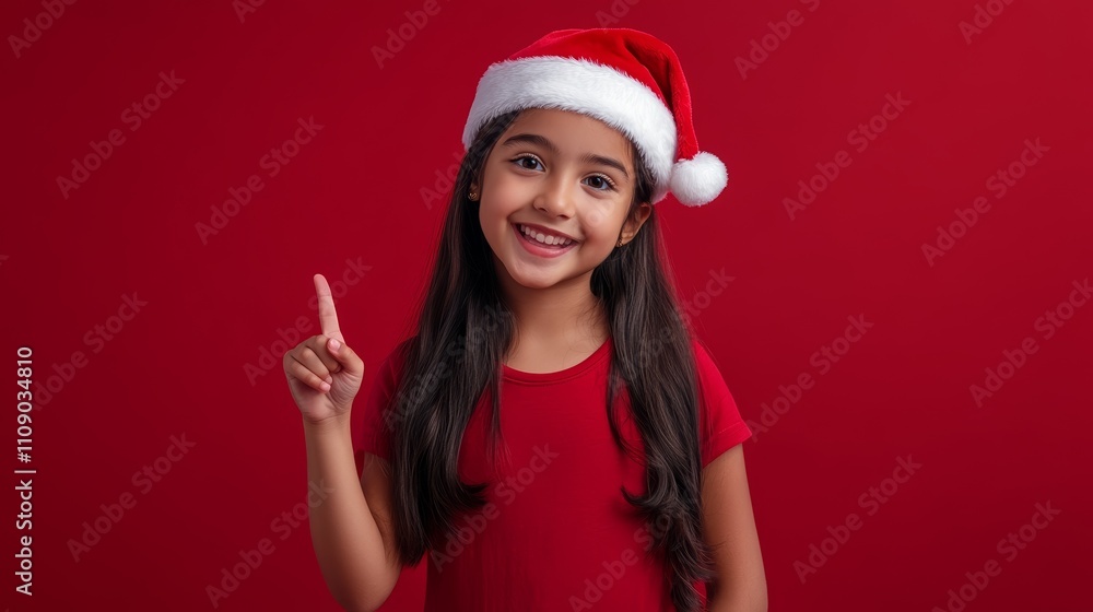 Happy Indian Latin Preteen Girl Wearing Santa Hat Smiling Pointing on Vibrant Red Background Happy Indian Latin Preteen Girl Wearing Santa Hat Smiling Pointing on Vibrant Red Background