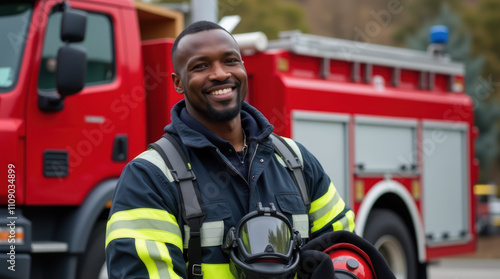 Black Firefighter Poses Proudly With Helmet and Gear Near Fire Truck