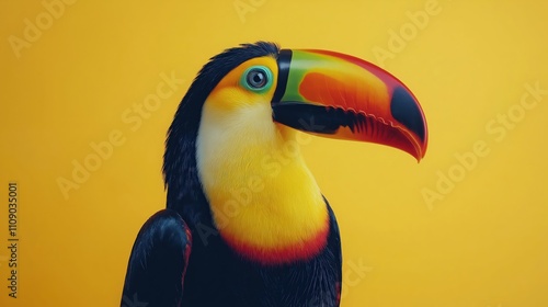 Vibrant toucan perched before a bright yellow background for nature inspired design photo