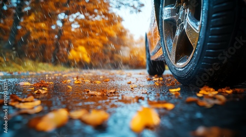 Wallpaper Mural Autumn Close-Up of Car Tire Tread on Wet Road Surrounded by Fallen Leaves in Moody Rainy Setting Torontodigital.ca