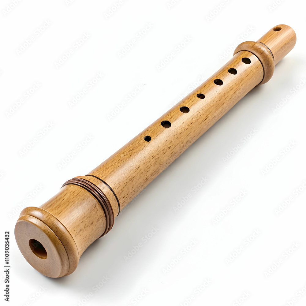 Naklejka premium A wooden recorder with smooth finger holes,