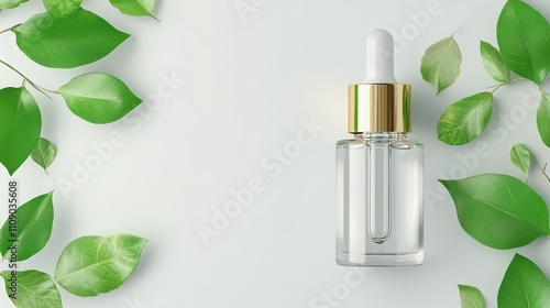Glass Dropper Bottle With Green Leaves in Minimalistic Beauty and Skincare Concept