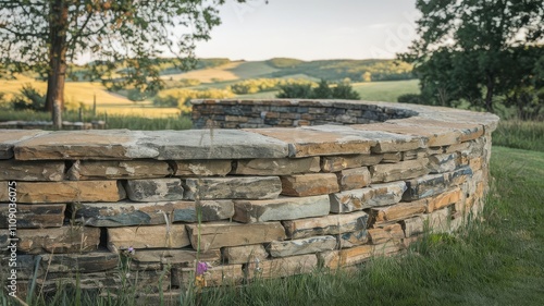 Scenic Stone Wall in Lush Green Landscape. A beautifully crafted stone wall curves gracefully, blending with the serene countryside and rolling hills in the background.
