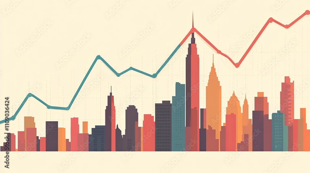 Fototapeta premium Cityscape skyline with upward trending graph.