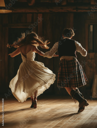 Ceilidh couple spinning on wooden floor in rustic barn photo