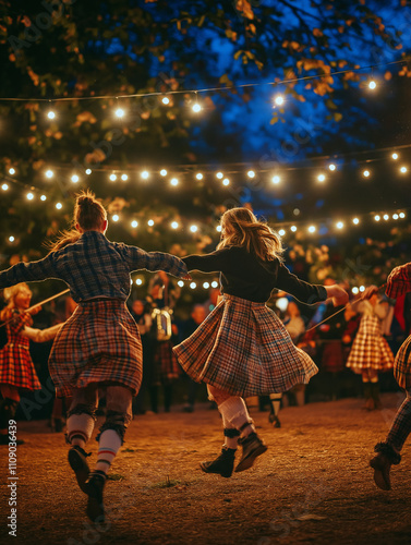 Group Ceilidh dancing outdoors with festive string lights