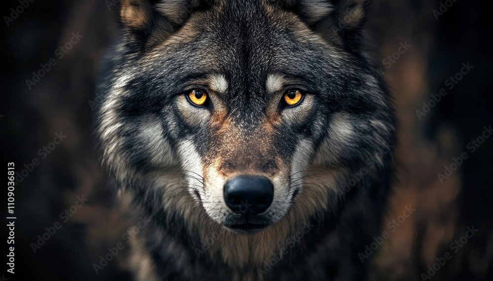 Fototapeta premium Stunning Wolf with Piercing Yellow Eyes Snowy Fur in Forest Setting