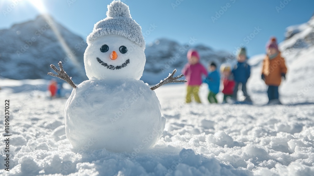 Fototapeta premium Kids playing in sunny alpine snowfield with snowman