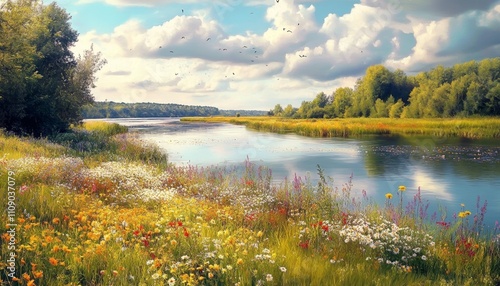 Wallpaper Mural Painting of a River with Colorful Flowers Trees Under Blue Sky Torontodigital.ca