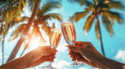 Fototapeta Naklejka Na Ścianę i Meble -  Cheers glasses of champagne toasting celebration together between business teamwork for their success at sea beach congratulations party for achievement.	
