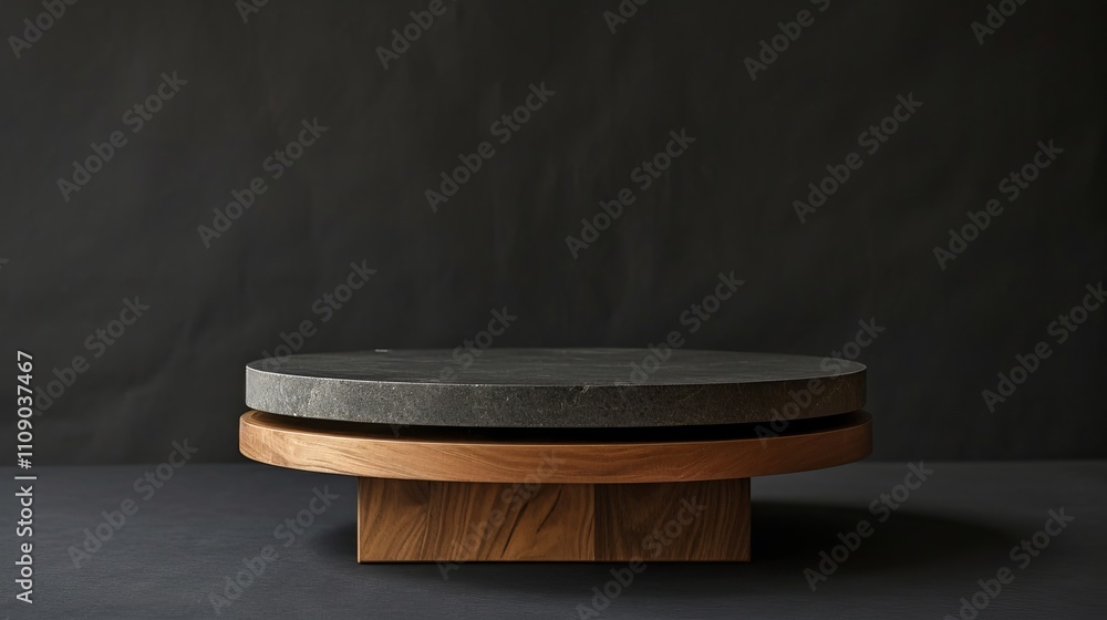 Elegant round display stand with dark stone top and light wood base against a black background. Elegant round display stand with dark stone top and light wood base against a black background.