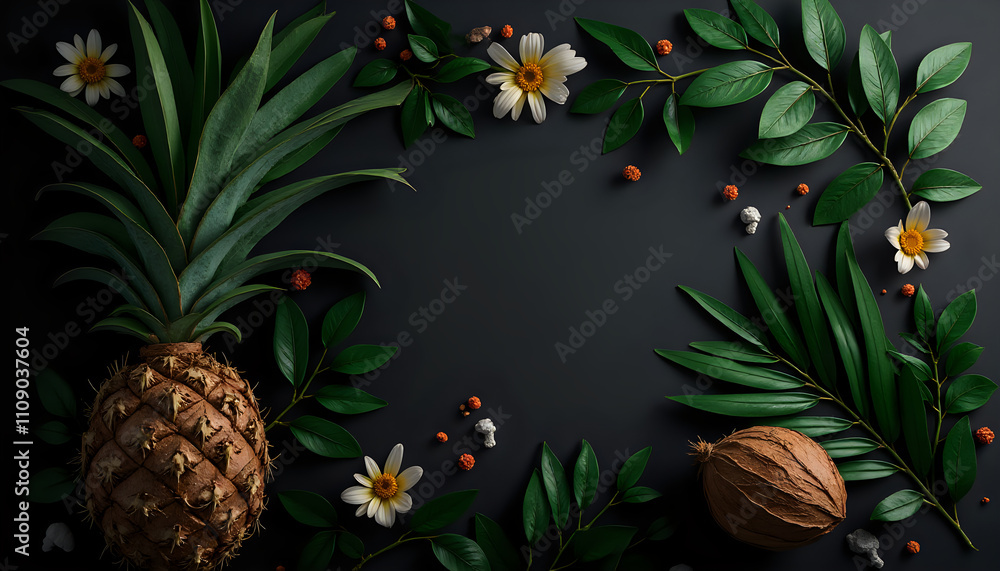 Obraz premium tropical fruits and flowers on a dark background