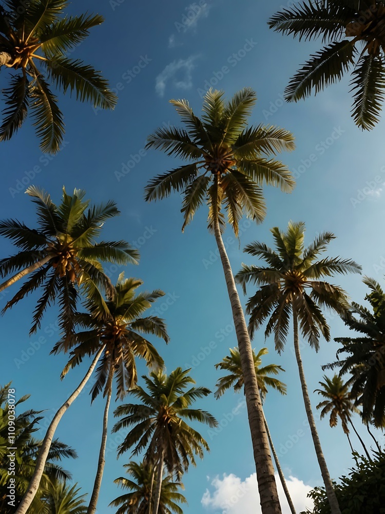 Obraz premium Tropical pattern of green palm trees against blue sky.