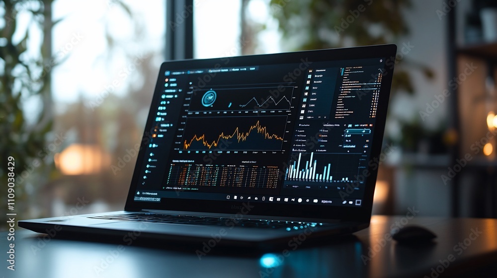 Laptop displaying financial data charts and graphs. Laptop displaying financial data charts and graphs.