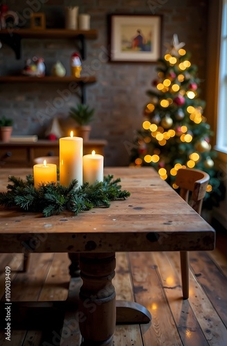  light wooden table christmas decor, cozy dining room