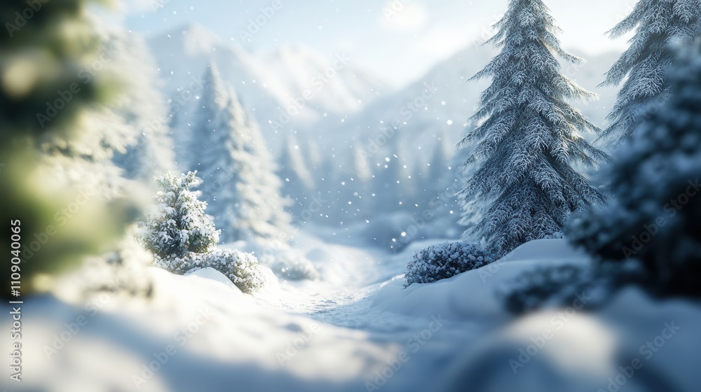 Obraz premium Snowy winding path in mountain forest with sunlit evergreens