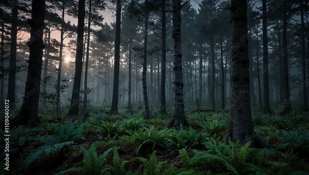 Fototapeta premium Twilight forest, serene and magical under the moon.