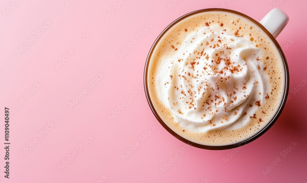 Coffee topped with whipped cream and chocolate shavings, pink background, warm beverage, inviting presentation Coffee topped with whipped cream and chocolate shavings, pink background, warm beverage, inviting presentation