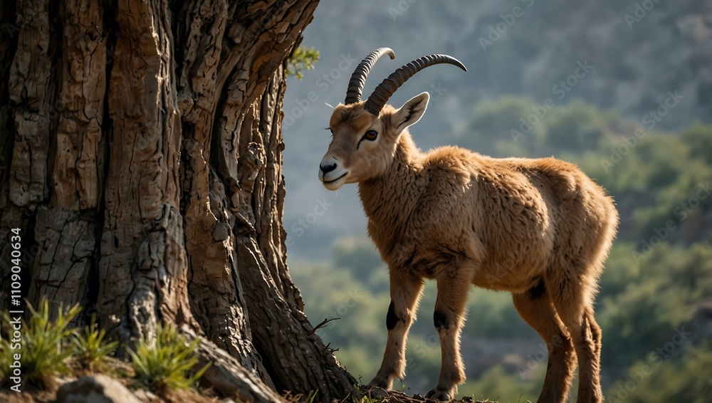 Two baby ibex standing on a tree, exploring. Two baby ibex standing on a tree, exploring.