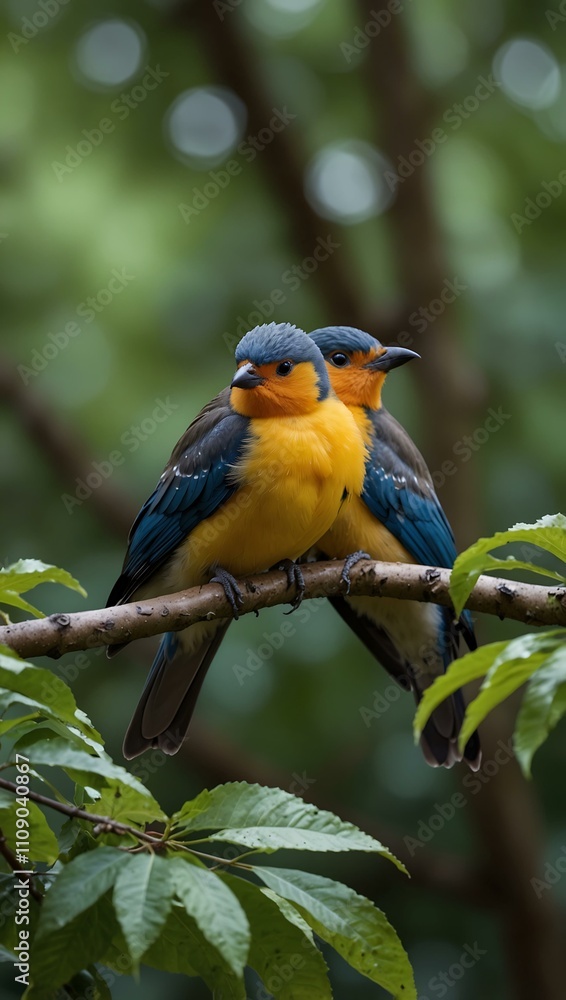 Obraz premium Two birds on a leafy branch.