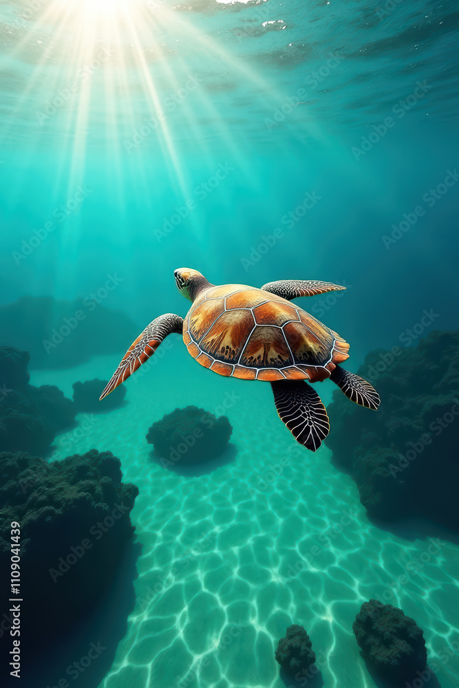 Obraz premium Aerial Shot of Sea Turtle in Serene Emerald Ocean with Vibrant Colors and Textures