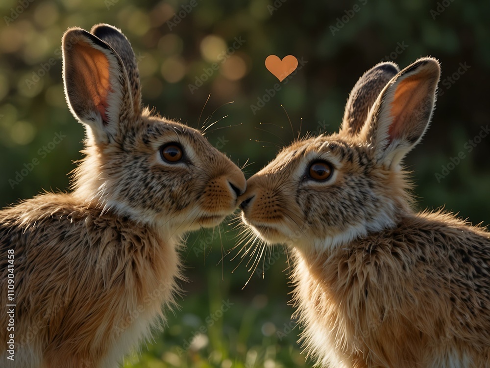 Obraz premium Two brown-blond hares touching noses, hearts around.