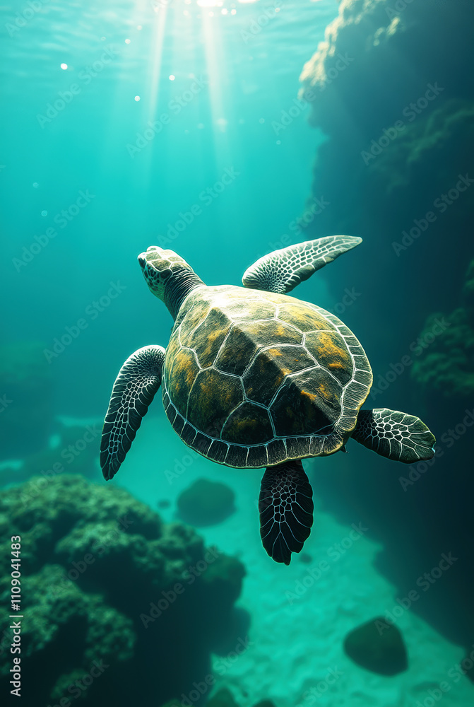 Obraz premium Sea Turtle's Journey through Sun-Dappled Tropical Seas from Aerial Perspective