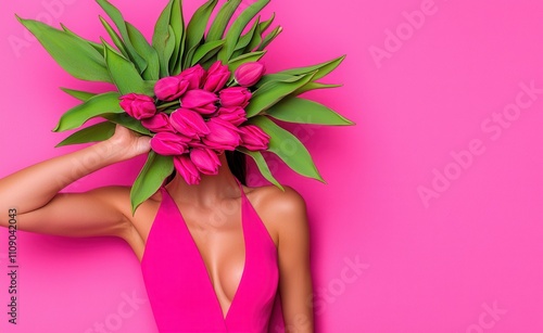 A woman in a vibrant pink swimsuit holds a bouquet of pink tulips, creating a striking, colorful contrast against a bright pink background.