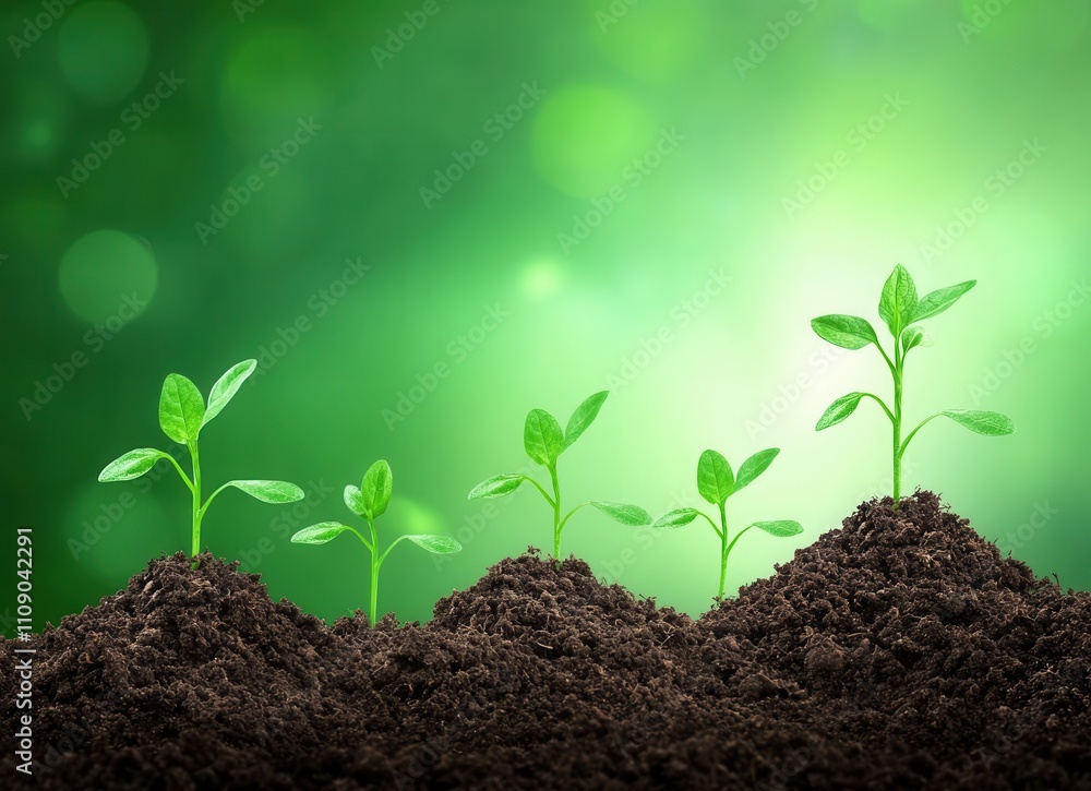 Naklejka premium Fresh green seedlings emerge from rich soil, symbolizing growth and renewal against a vibrant green backdrop.